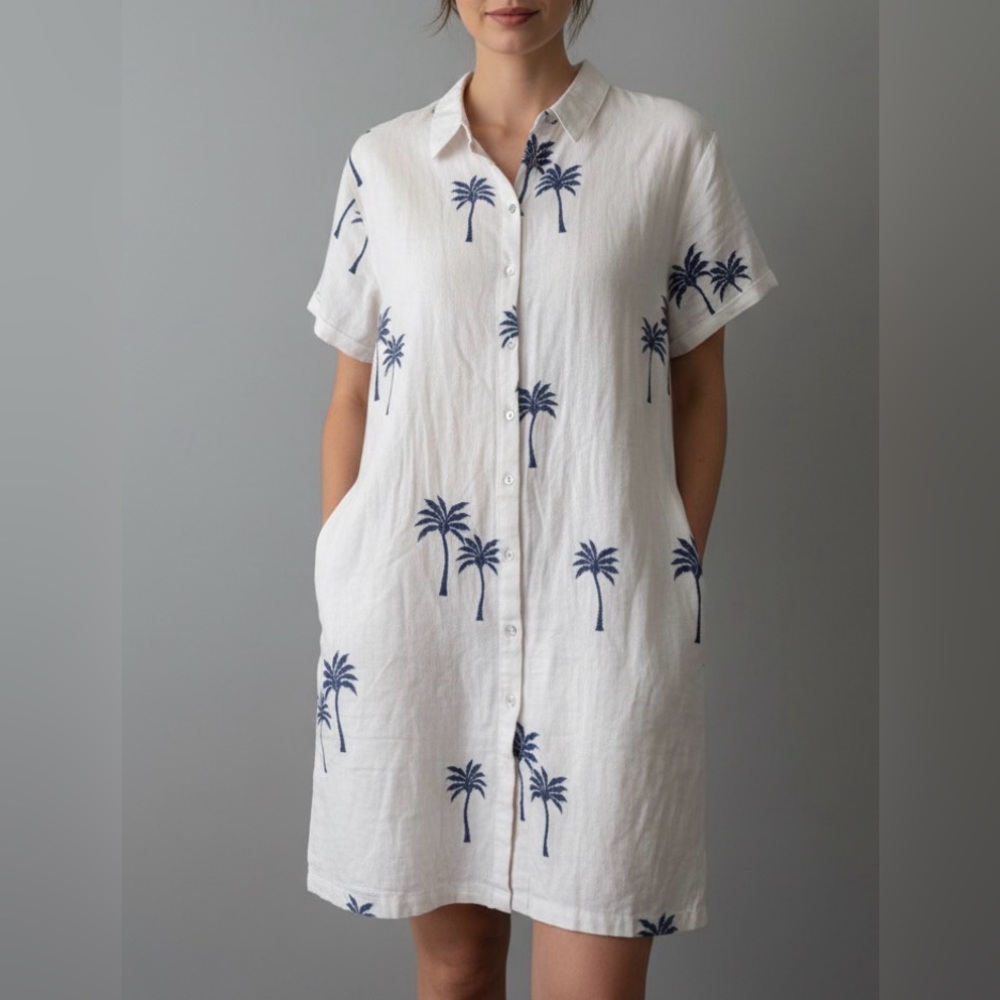 Calypso St. Barth White Button-Front Palm Tree Shirt Dress